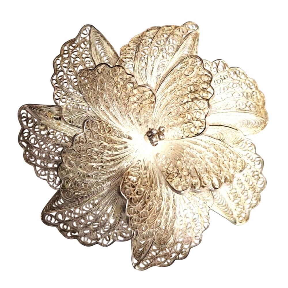 Antique Vintage Continental 925 Sterling Fine Filigree Flower Pin Brooch